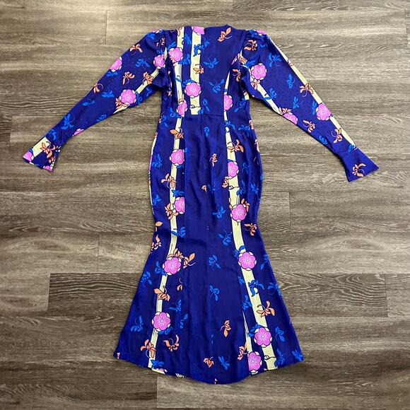 NWT Silvia Astore Jade Blue Floral Silk Midi Dress Size 42 |‎ Medium Long Sleeve - Picture 7 of 16